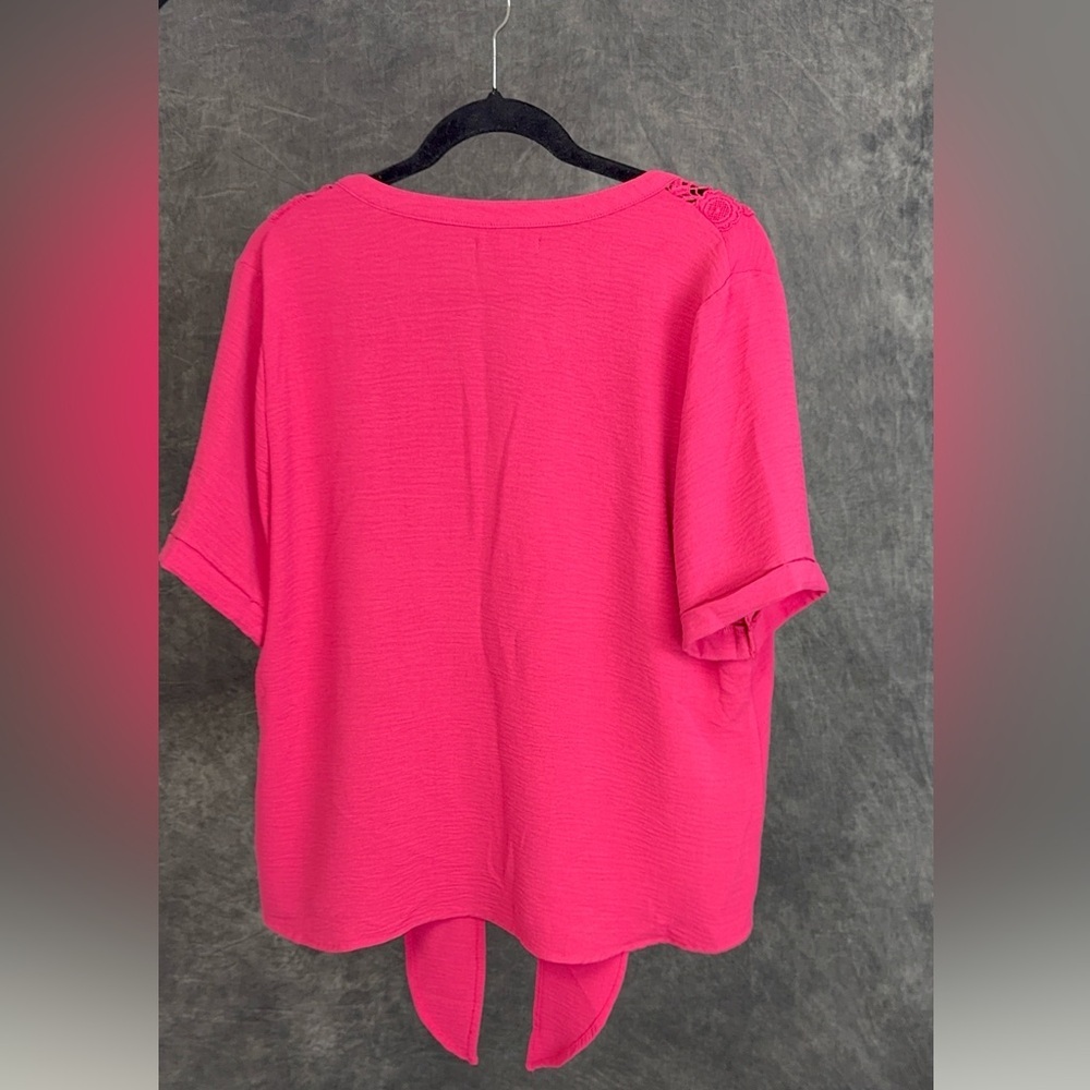 Anneleise Hot Pink Lace Yoke Tie-Front Top | Short Sleeve | Size L - Picture 4 of 7